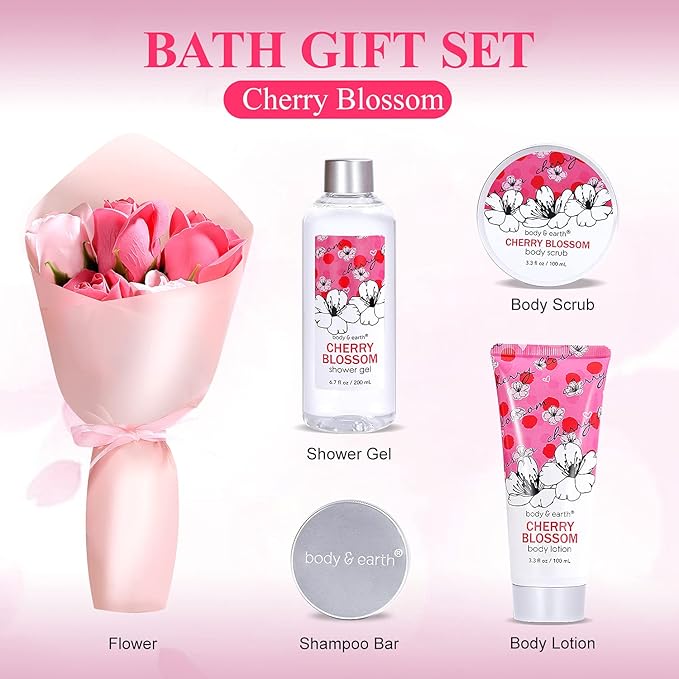 Bath and Body Gift Set for Women - Cherry Blossom Scent with Double-Layer Spa Gift Box, 5 Piece Home Spa Set Includes Shower Gel, Body Scrub, Body Lotion, Hand Soap, Rose Flower, Bath Set Gift for Her