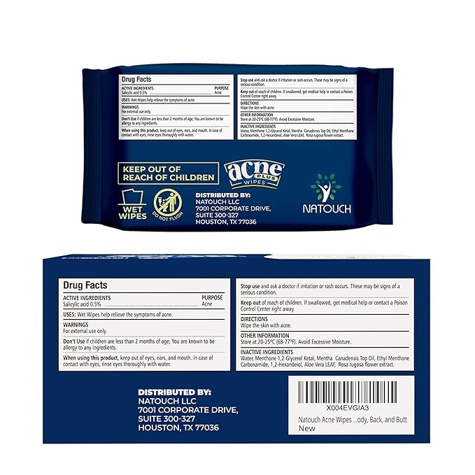 Acne Wipes for Face & Back, Acne Treatment Wipes with Salicylic Acid, Acne Scars and Dark Spot Remover with Natural Essential Oil for Face, Body, Back, and Butt