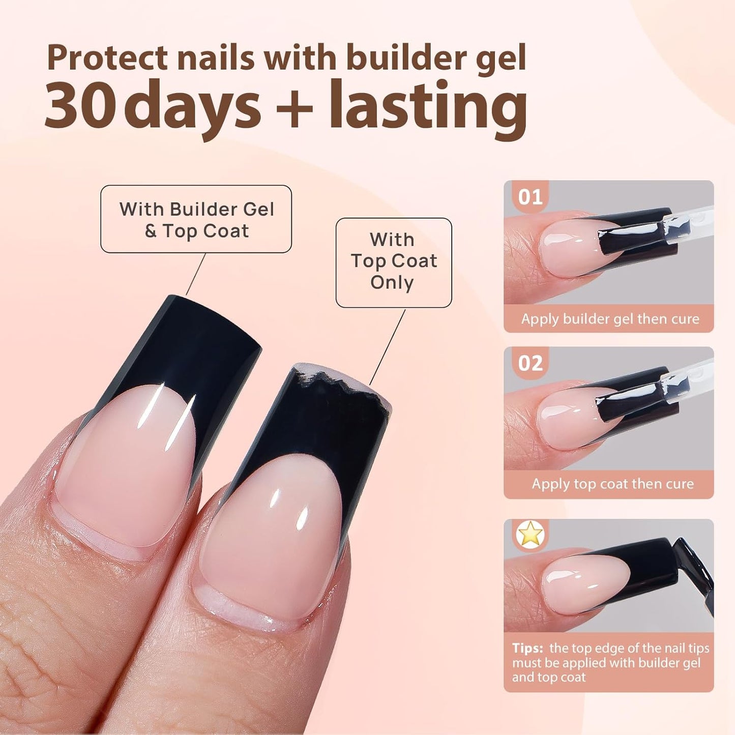 BTArtboxnails XCOATTIPS Black Press on Nails - French Tip Press on Nails Long Coffin Nail Tips, Soak Off Acrylic Gel Fake Nails Art Extension