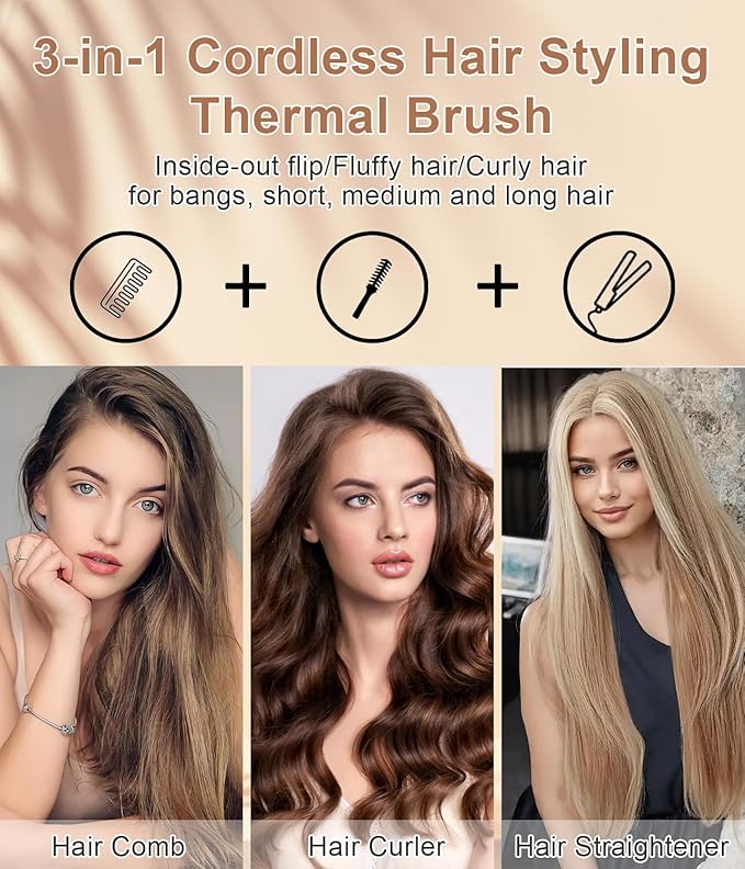 Cordless Hair Curling Iron Brush, 1.5" Mini Cordless Hair Curler, 3-in-1 Travel Curling Brush Hair Straightener Comb Rechargeable, Long Battery Portable Ionic Heated Tool, White