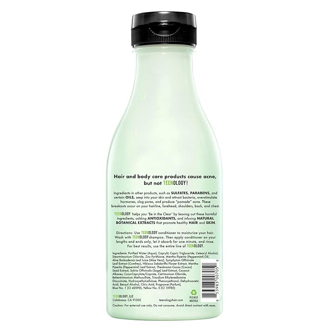 Teenology Conditioner for Teens - Avoid Forehead and Body Acne - Sulfate and Paraben Free, Noncomedogenic, Natural Botanical Extracts, Sweet Mint - 16 oz.