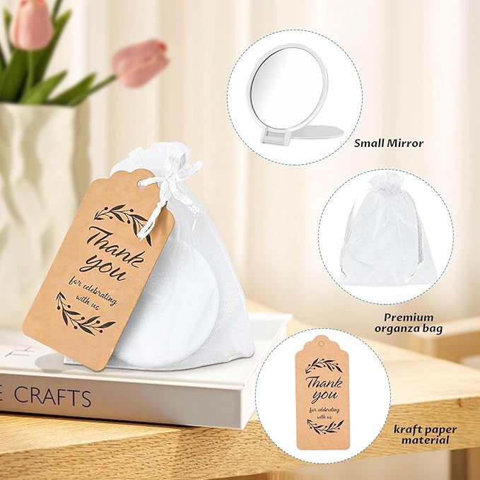 100 Pcs Compact Mirror Bulk Round Makeup Mirror for Purse Gifts Mini Round Folding Mirrors Vintage Travel Mirror Portable Makeup Pocket Mirror Small Purse Mirror with Tag and Organza Bag for Women