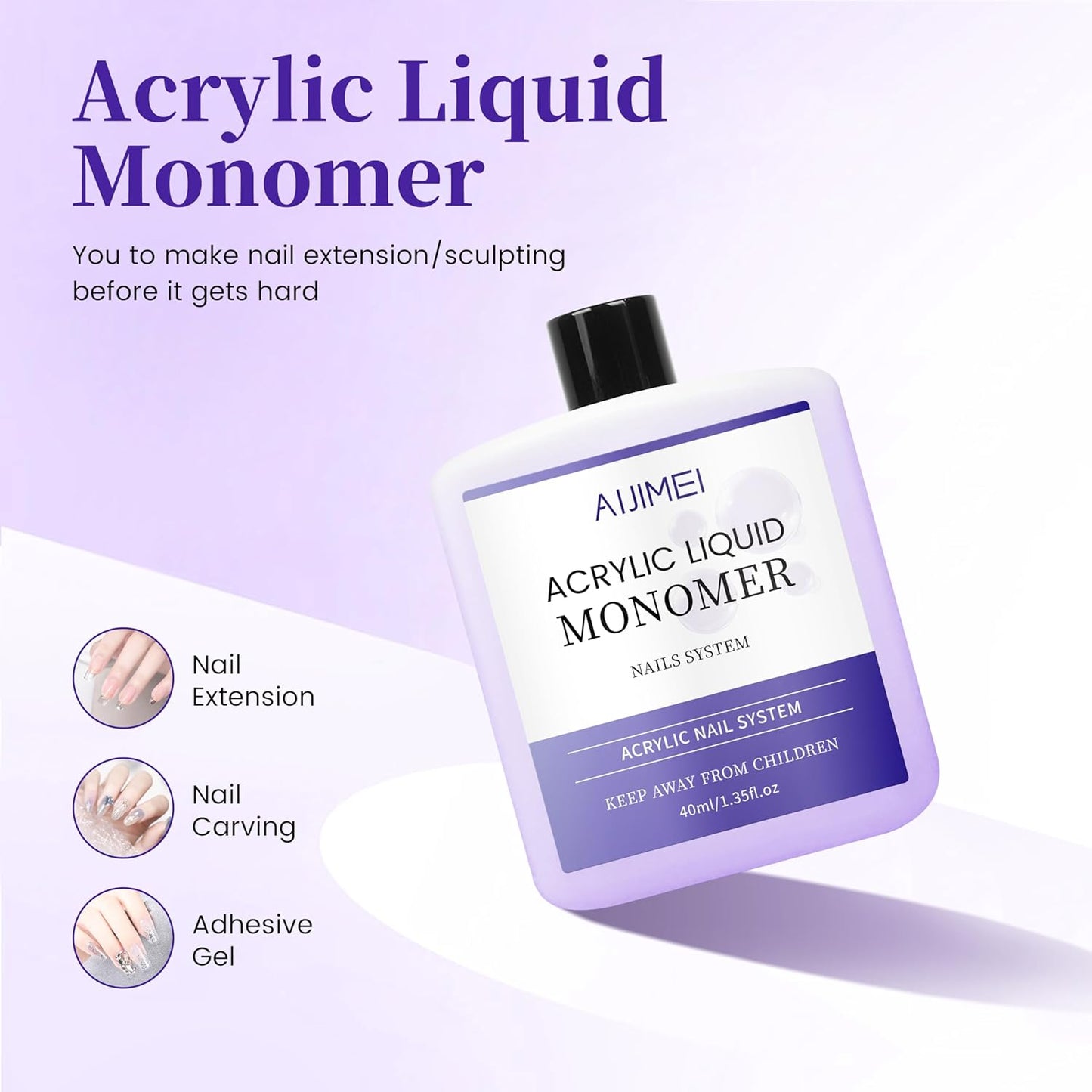 AIJIMEI Acrylic Liquid Monomer for Long Lasting 40ml Acrylic Liquid Professional Nail Art Supplies Suitable for Salon and Home (3pcs)