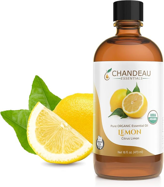 100% Pure Organic Essential Oil, Pure Lemon Essential Oil for Aromatherapy, Soap Making, Candles, Laundry, Perfume, Cleaners or Diffusers - Large Amber Glass Bottle, 16 oz.