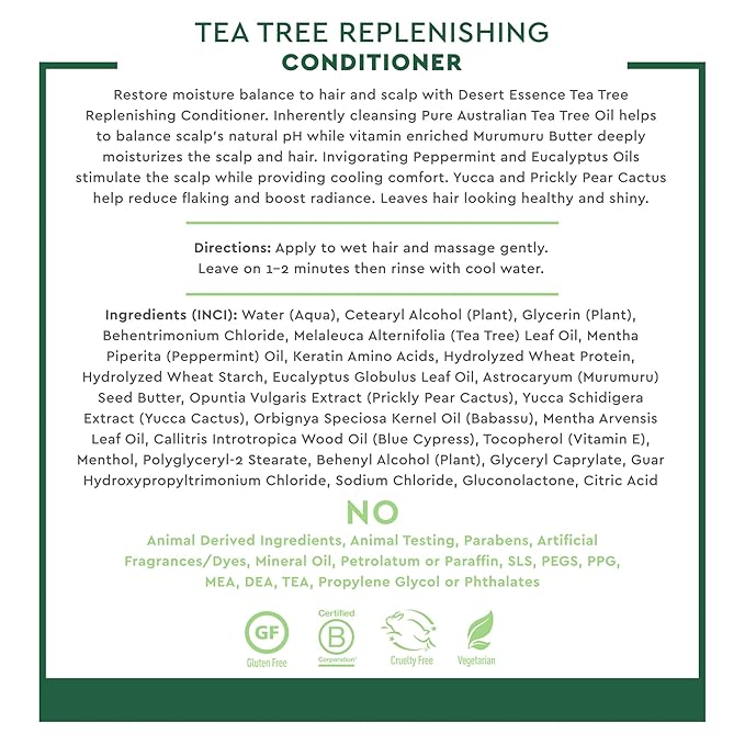 Desert Essence Tea Tree Replenishing Conditioner - 12.7 Fl Ounce - Peppermint & Yucca - Eucalyptus Oil - Vitamin E - Keratin - Murumuru Butter For Dull, Damaged Hair - Reduces Hair Breakage & Flaking