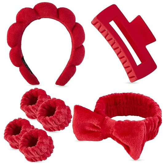 7 Pcs Spa Set, Facial Headband, Spa Headband and Wristband Set, Skincare Headband, College Style Girl Gift, Hair Accessories for Women and Girls（Red）