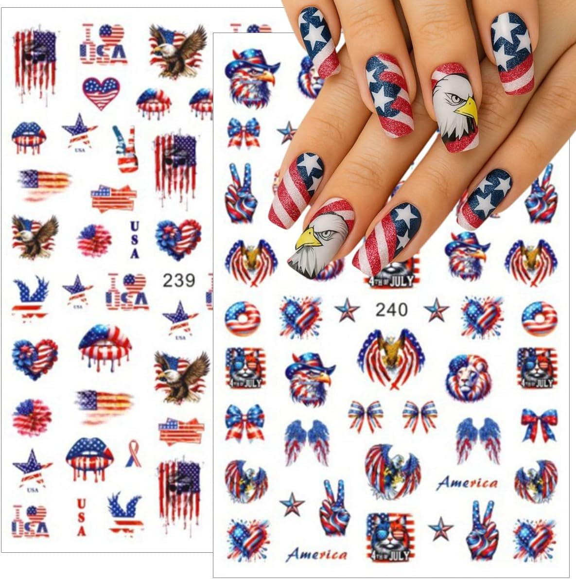 8 Sheets 4th of July Nail Art Stickers Independence Day Decals 3D Self-Adhesive Nail Design USA Flag Heart Letters Fireworks Star Nail Supplies Fireworks 4th of July Nails Stickers for Women Girls DIY