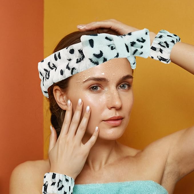 7 Pcs Spa Set, Facial Headband and Wristband Set, Skincare Accessories, College Style Girl Gift, Hair Accessories for Women and Girls（ Black White Leopard Print ）
