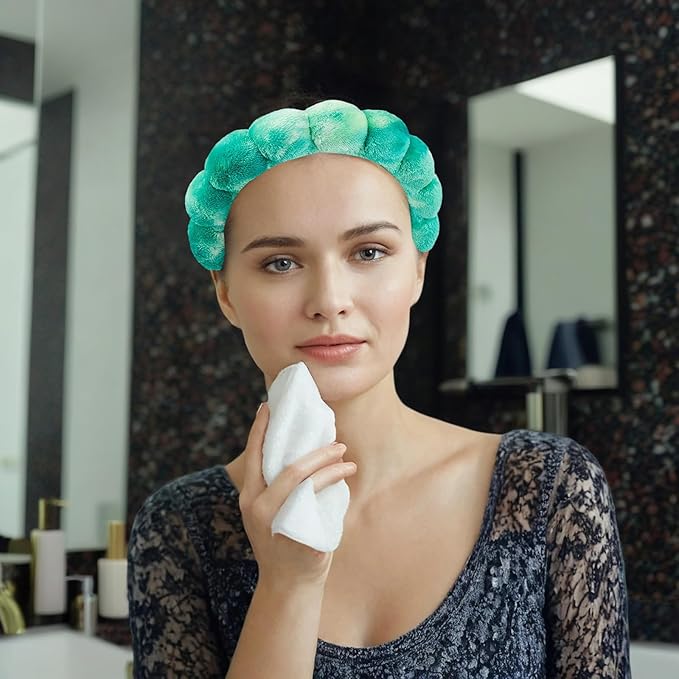 7 Pcs Spa Set, Facial Headband and Wristband Set, Skincare Accessories, College Style Girl Gift, Hair Accessories for Women and Girls（Tie Dye Green）