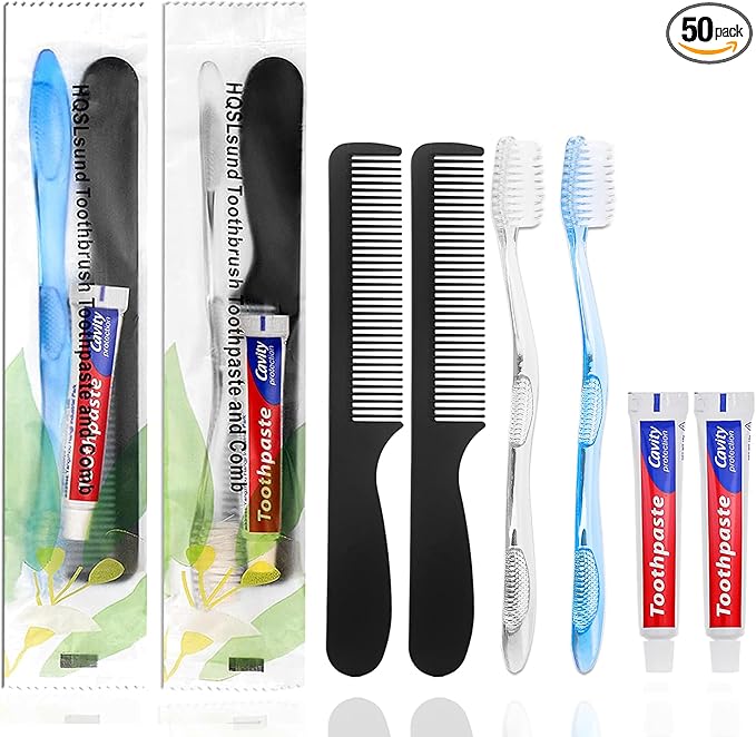 50 Pack Disposable Toothbrushes with Toothpaste and Comb for Homeless Individually Wrapped,10g Travel Toothpaste,7inch Black Hair Comb, Bulk Toothbrush for Hotel,AirBnb,Shelter,Charity