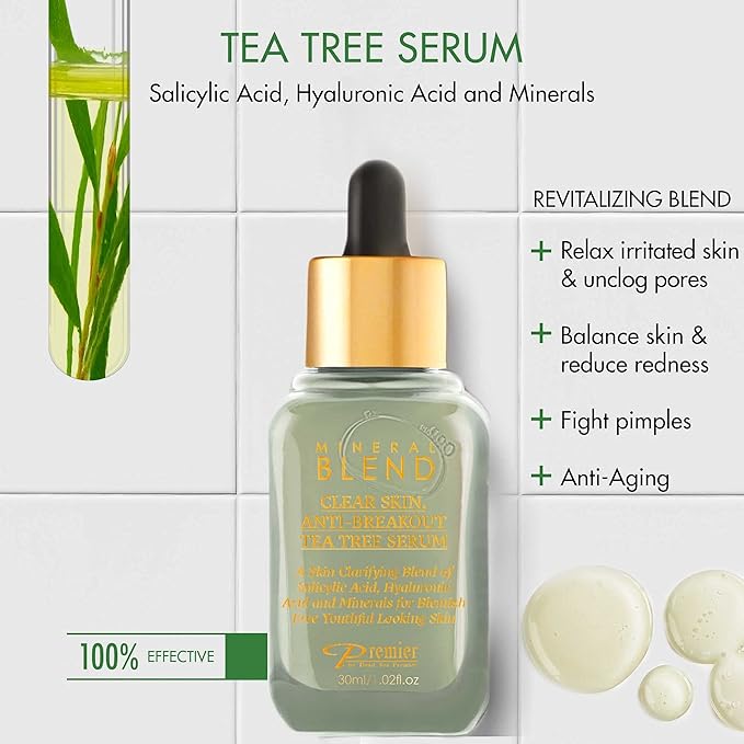Clear skin, Anti-breakout Tea Tree serum for face and acne with Vitamin C,Salicylic Acid, Hyaluronic Acid and Minerals for blemish free youthful looking skin 1.02 Fl.Oz