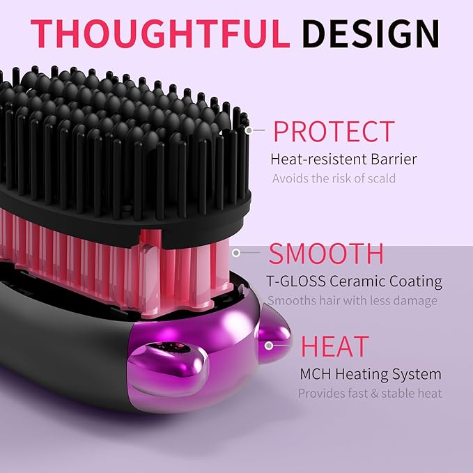 Cordless Hair Straightener,Portable Hair Straightening Brush for Travel, Mini Hot Straightening Comb for Women,Anti-Scald, LED Display & Fast Heating