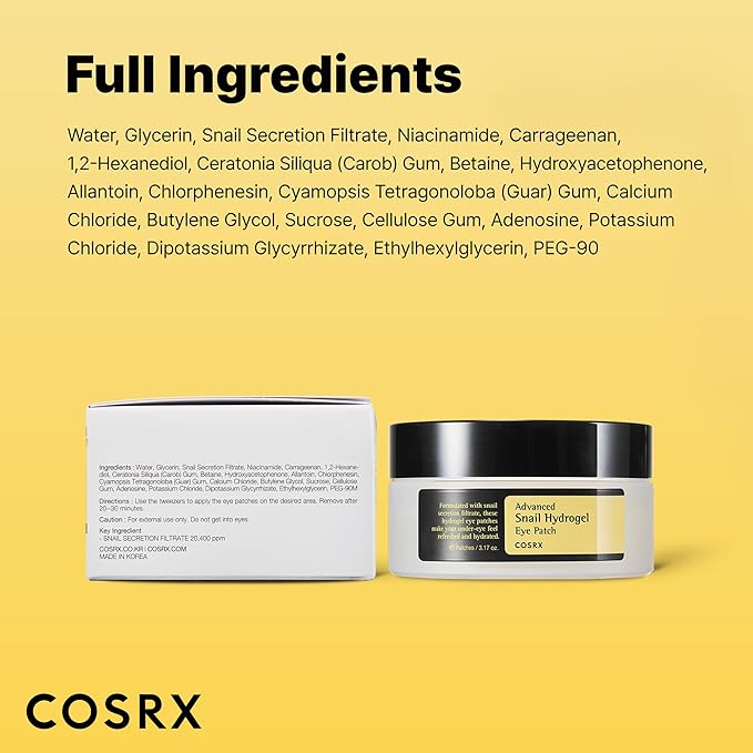 COSRX Advanced Snail Hydrogel Eye Patch (60pc), Gel Serum Mask, Puffy Undereye Treament, Fine Lines, Refresh, Hydrate| Paraben free, Korean Skin Care