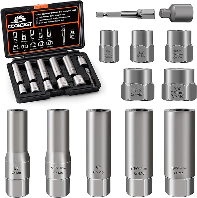 12Pcs Bolt Extractor Set, Easy Out Deep Bolt Extractor Kit for Stripped Broken Rounded Bolts Lug Nut Spark Plugs Stud Remove, Bolt Extractor Socket Set with Adapters