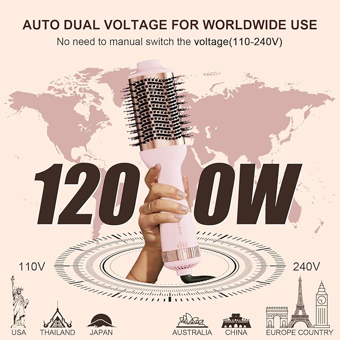 Big Size Dual Voltage Hot Air Brush Dryer, 4 in 1 Ionic Blowout Hair Dryer Brush & Styler Volumizer with 75MM Oval Titanium Barrel for Long & Thick Hair