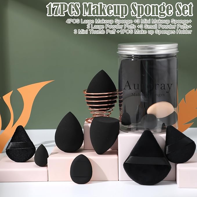 17PCS Makeup Sponge Set with 3PCS Mini Makeup Sponges,1PCS Make Up Sponges Holder,3PCS Foundation Mini Make Up Sponge Puff and 6PCS Powder Puff (Black)