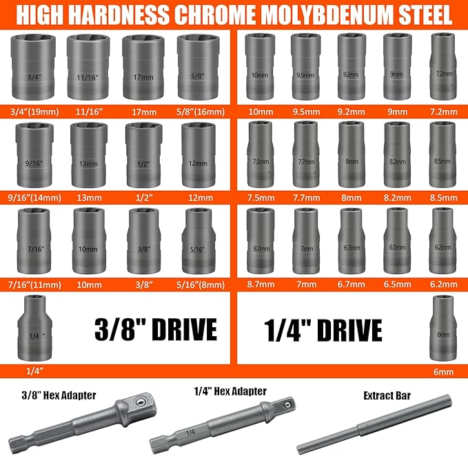 Bolt Extractor Kit, 32Pcs Impact Bolt & Nut Remover Set, Stripped Bolt Extractor Socket Set for Damaged, Frozen, Rusted, Rounded, Broken Bolts Nuts Screws Remove
