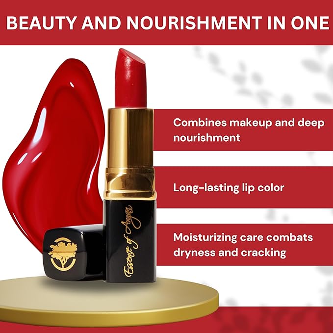𝗘𝘀𝘀𝗲𝗻𝗰𝗲 𝗼𝗳 𝗔𝗿𝗴𝗮𝗻 Deep Moisturizing Red Lipstick, Long Lasting Lipstick & Lip Care in 1 with Pure Organic Argan Oil, Shea Butter, Jojoba Oil & Aloe Vera Hydrating, Roses R Red