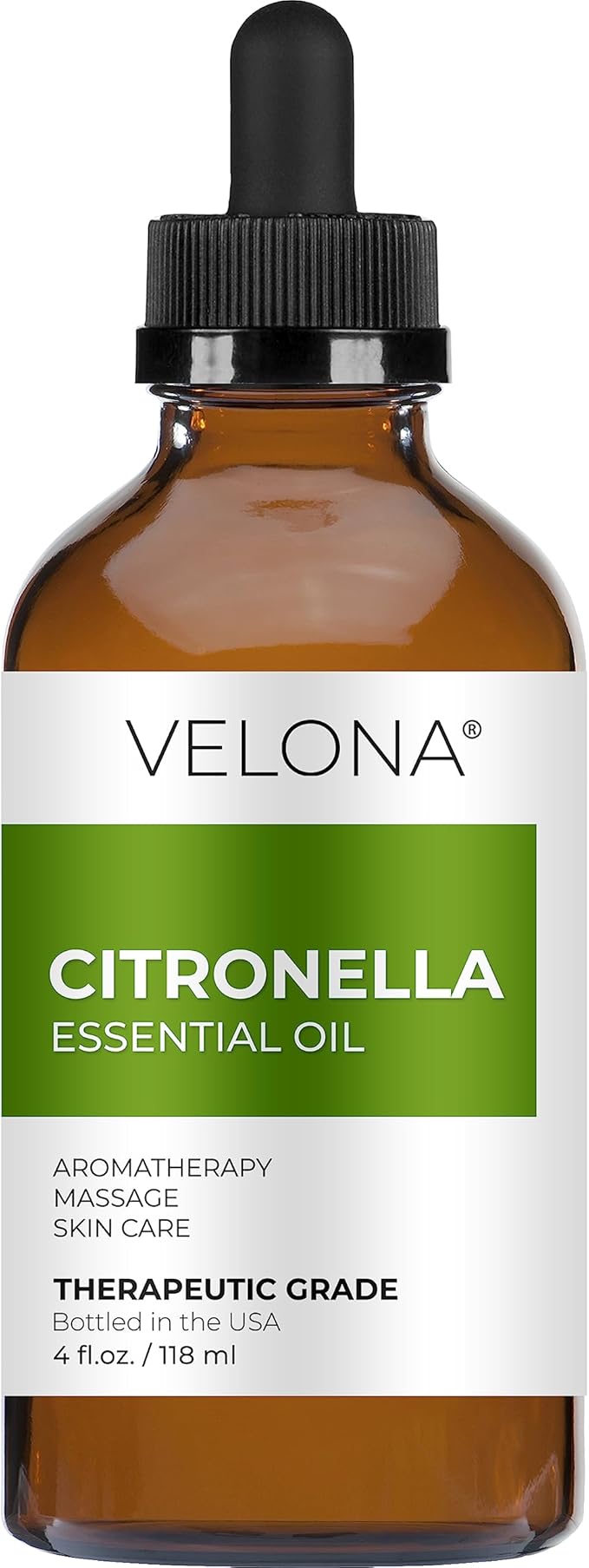 Citronella Essential Oil by Velona - 4 Fl Oz | Therapeutic Grade 100% Pure and Natural | for Aromatherapy Diffuser, Massage, Skincare, Haircare, Soapmaking | Undiluted and Multipurpose in Glass Bottle