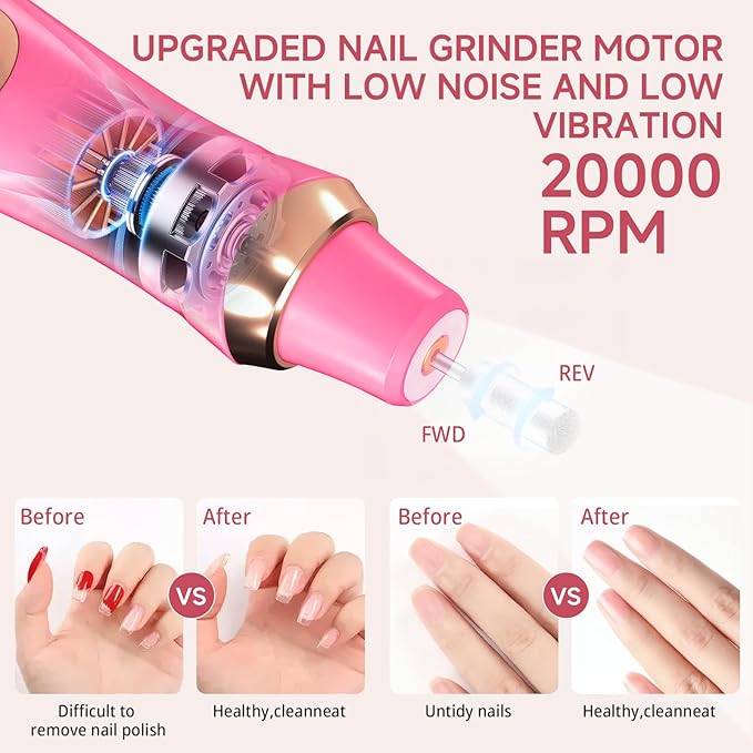 Cordless Nail Drill, Long-Lasting Electric Nail File, Low Noise Electric Nail Drill with 360° LED Light & 6 Speeds, Toenail Grinder for Thick Nail Toenail Cuticle Women Men Baby Pets