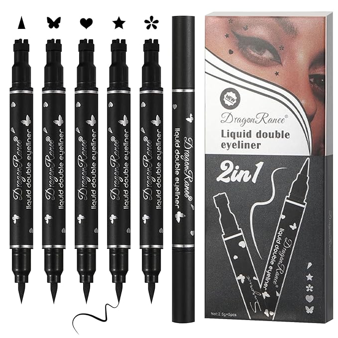 5PCS Black Liquid Eyeliner Stamps Set,Double-side Winged Eyeliner Stencil Pen,Waterproof Long Lasting Eye Liners Stamp Eyeliner Pencil Tattoo Makeup Tools with Heart,Flower,Star,Butterfly,Cone Shapes