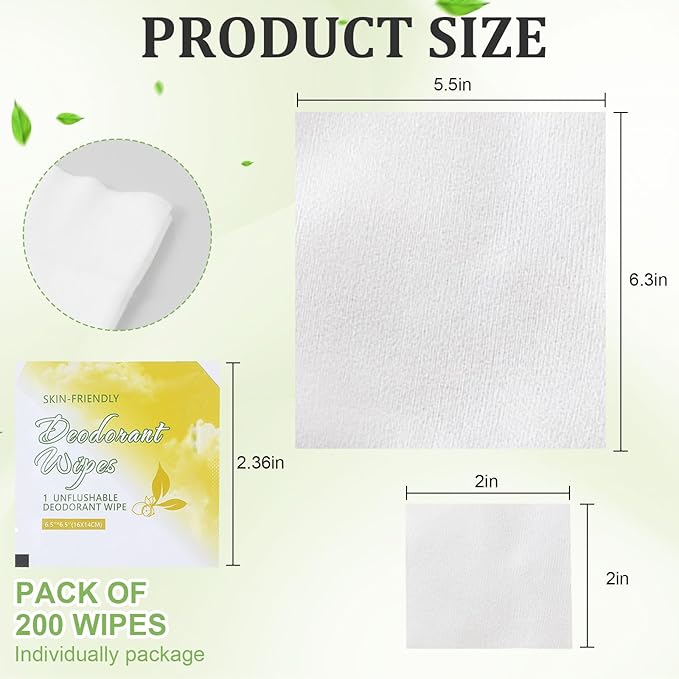 200 Pcs Deodorant Wipes Individually Wrapped, Mini Travel Size Wet Antiperspirant Wipes for Armpit, Hands, Face, Butt, Bulk Personal Cleansing Wipe for Women, Men, Homeless, Sports, Travel(Lemon)