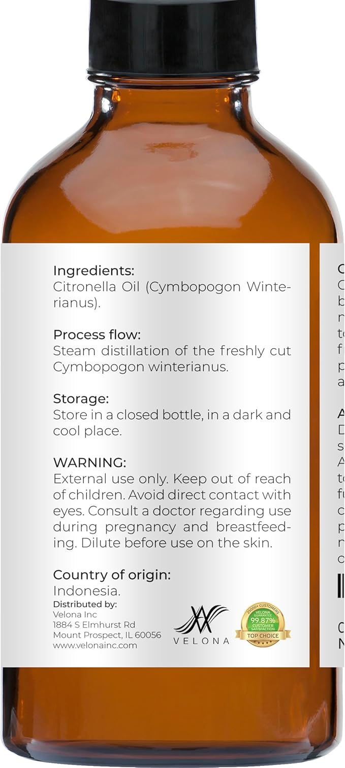 Citronella Essential Oil by Velona - 4 Fl Oz | Therapeutic Grade 100% Pure and Natural | for Aromatherapy Diffuser, Massage, Skincare, Haircare, Soapmaking | Undiluted and Multipurpose in Glass Bottle
