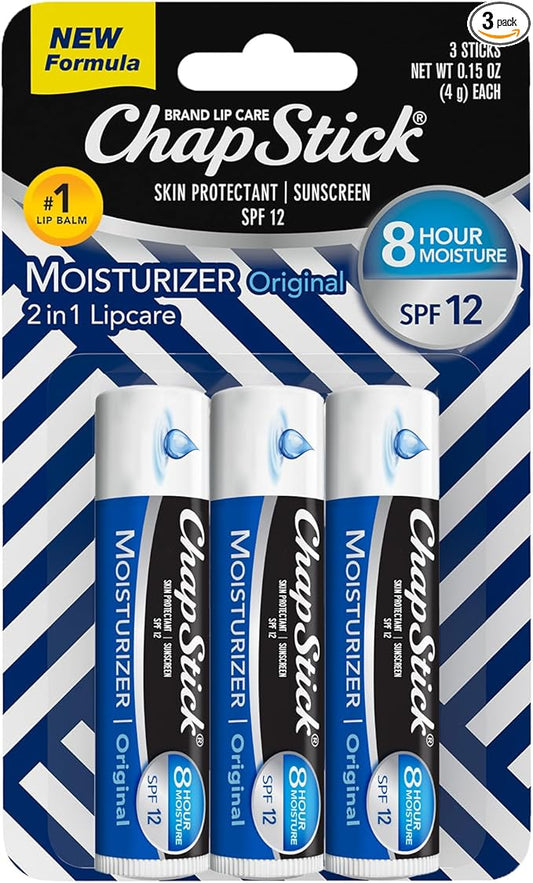 ChapStick SPF Lip Balm 3-Pack – Original 2-in-1 Lipcare with SPF 12, Ultra Hydrating Formula with Aloe Vera and Vitamin E, 0.15 Oz Ea