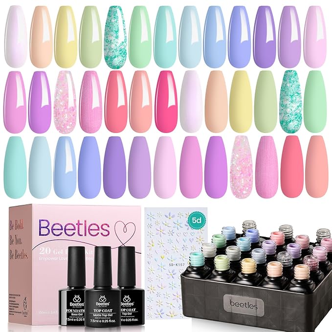 Beetles Pink Gel Nail Polish Set, 20 Color Macaron Colors Bright Pink Green Pastel Nail Polish Kit with Base Gel Glossy & Matte Top Coat Soak off Uv Nail Art Halloween Gifts for Women