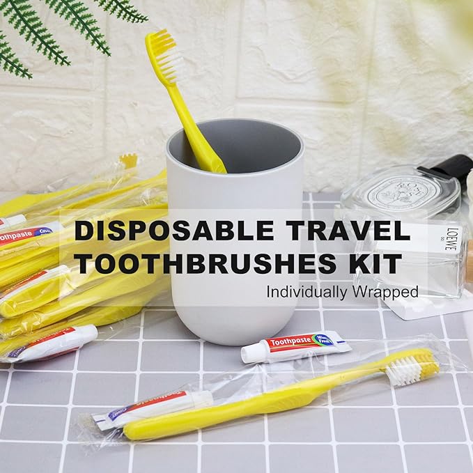 Disposable Toothbrushes with Toothpaste,200 Pack Yellow Hollow Individually Wrapped Disposable Travel Toothbrushes Kit in Bulk for Homeless,Nursing Home,Hotel,Charity