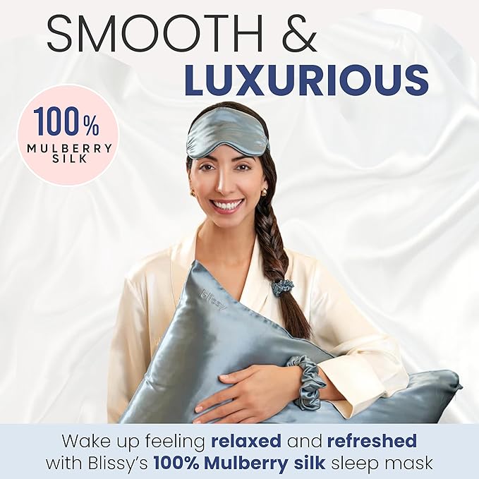 Blissy Silk Sleep Mask - Silk Eye Sleeping Mask for Women & Men for Total Blackout - 100% Pure Mulberry Silk, 22 Momme 6a Fibers - Blindfold Silk Sleep Mask Side Sleeper Eye Cover (Ash Blue)