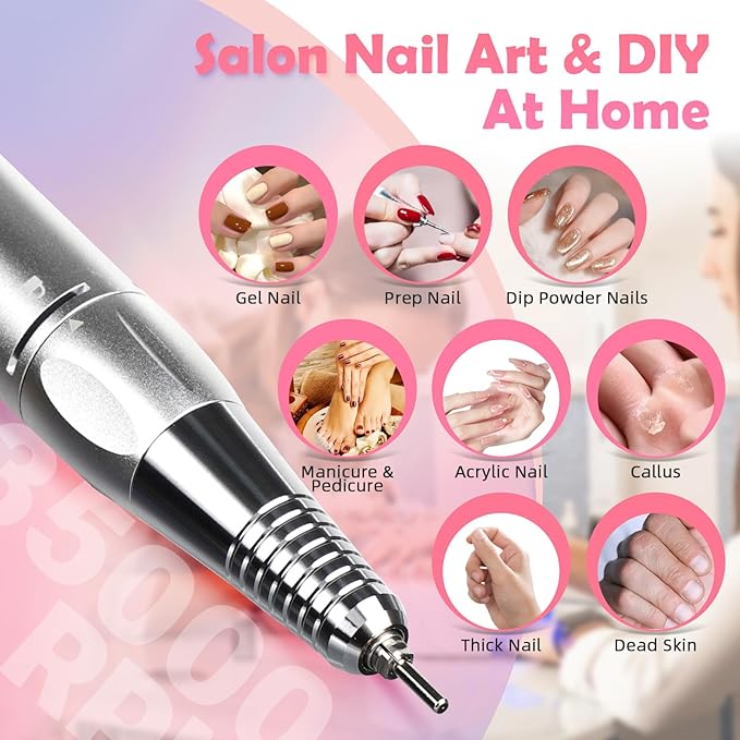 CIVPOWER Nail Drill, Portable Rechargeable Tool Kit with 35000RPM Electric Nail File and LED Display for Manicure, Pedicure, Salon, Home, DIY (White)