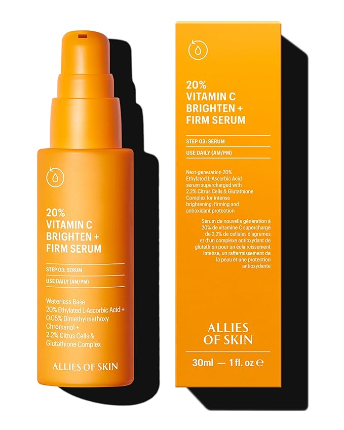Allies of Skin 20% Vitamin C Serum | Daily Glow & Firming Face Serum | Lightweight Waterless Formula Treats Uneven Tone & Spots | Anti-Aging Support for Smooth, Radiant Skin (1 oz)
