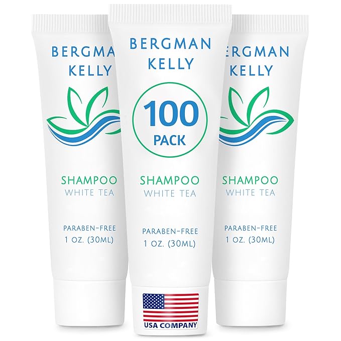 BERGMAN KELLY - Travel Size Hotel Shampoo - 1 fl oz, 100 PK, White Tea - Delight Your Guests with Revitalizing & Refreshing Hair Cleanser for Guest Hospitality - Mini & Small Size Shampoo in Bulk