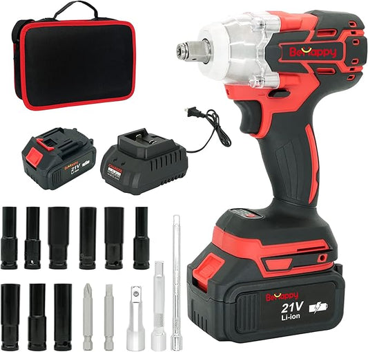 BeHappy Power Impact Wrench 21V, 1/2" Cordless Impact Wrench with 4.0Ah Li-ion Battery for Home, DIY