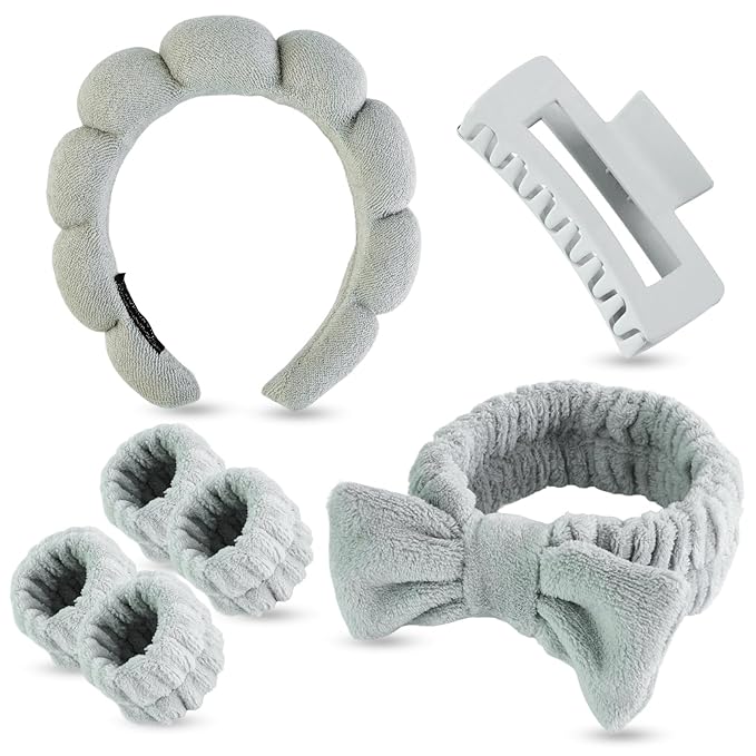 7 Pcs Spa Set, Facial Headband, Spa Headband and Wristband Set, Skincare Headband, College Style Girl Gift, Hair Accessories for Women and Girls（Grey）