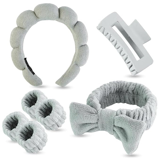 7 Pcs Spa Set, Facial Headband, Spa Headband and Wristband Set, Skincare Headband, College Style Girl Gift, Hair Accessories for Women and Girls（Grey）
