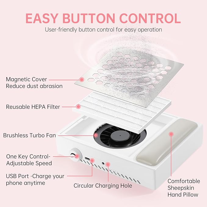 Cordless Nail Dust Collector,Brushless Turbo Fan Dust Collector Nail Tech 30pcs Cotton Filter,Rechargeable Dust Suction Machine for Acrylic Gel Polish Manicure at Salon&Home
