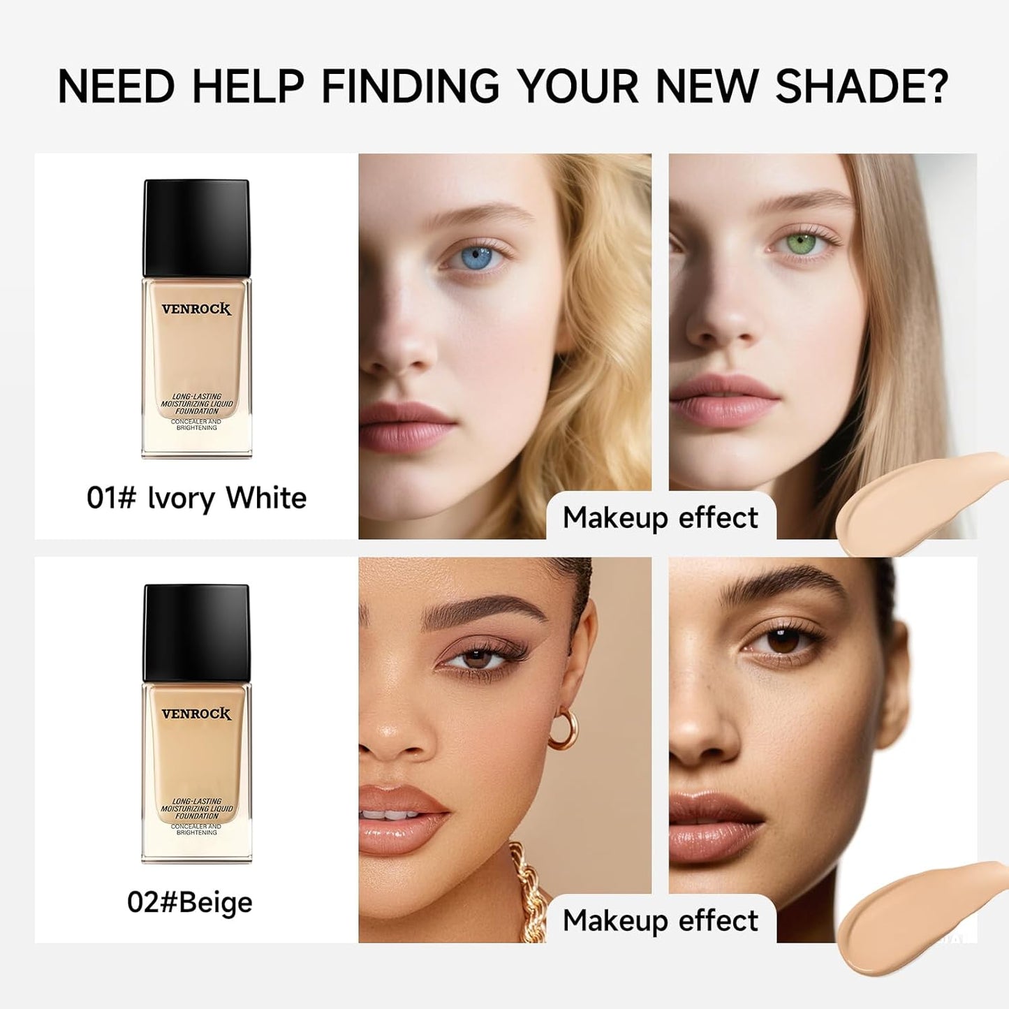 VENROCK 24HR Long-Lasting Moisturizing Liquid Foundation | Radiant, Waterproof, Concealing & Oil-Control (01# Ivory White, 30ml)