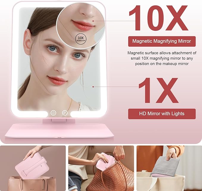 Gospire Travel Makeup Mirror with Lights and Magnification 10X, Portable Make Up Compact Tabletop Mirror with Adjustable Stand, 3 Colored Lights Rechargeable Lighted LED Vanity Mirror - Pink