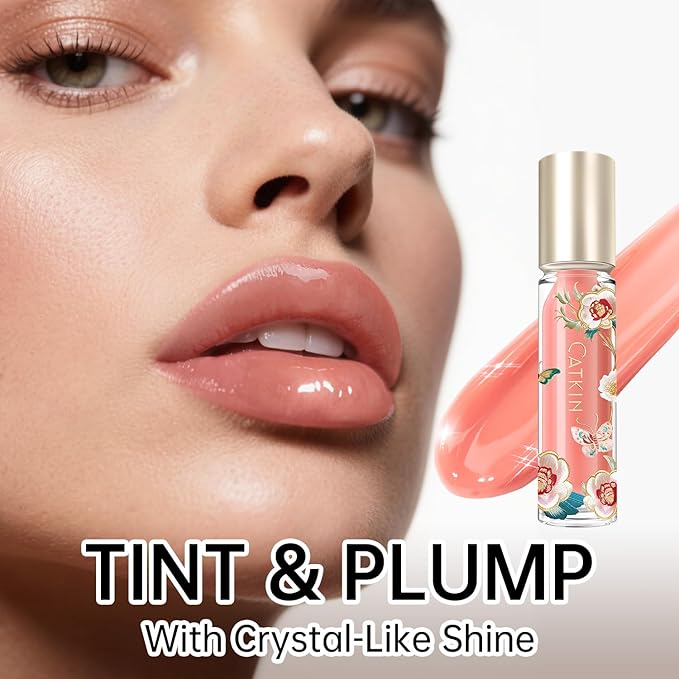 CATKIN Lip Plumper Gloss, Tinted Lip Serum with Hyaluronic Acid & Jojoba Oil, Non-sticky Volumizing Hydrating Formula for a High Shine Maximum 3D Look, Plump & Soft Lips 0.12 Fl Oz-C05 Chocolate Amber