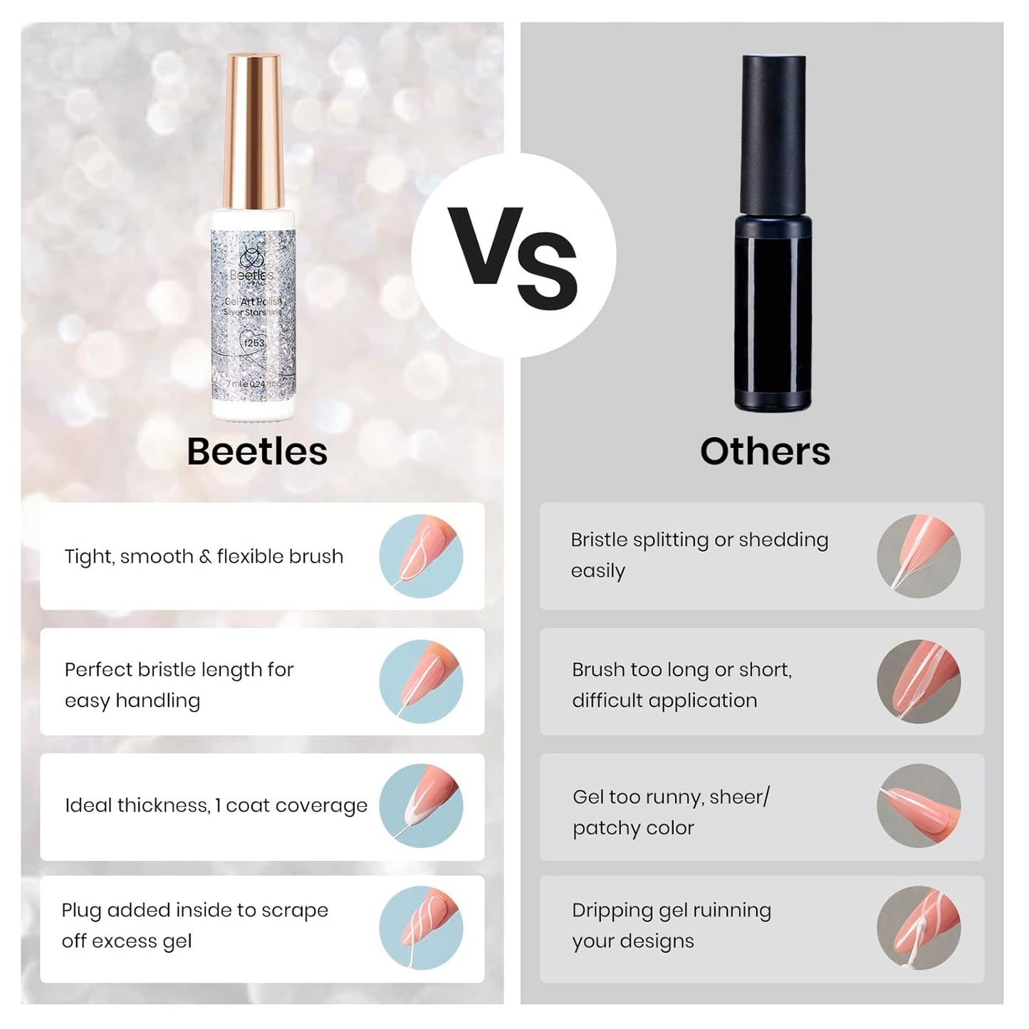 Beetles Nail Art Polish- 2 Colors Cat Eye Liner Gel Polish Gold Sliver Glitter Gel Nail polish Soak Off UV Built Thin Nail Brush in Bottle Gifts for Women