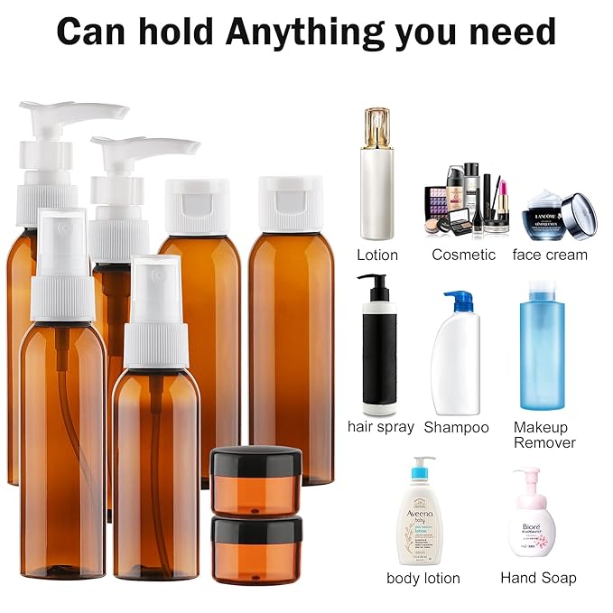Cosywell Travel Size Bottles for Toiletries 13 Pack TSA Approved Toiletry Bottles Leak Proof Travel Kit for Women Men TSA Clear Toiletry Bag Shampoo Lotion Skincare Cosmetic Container（Brown）