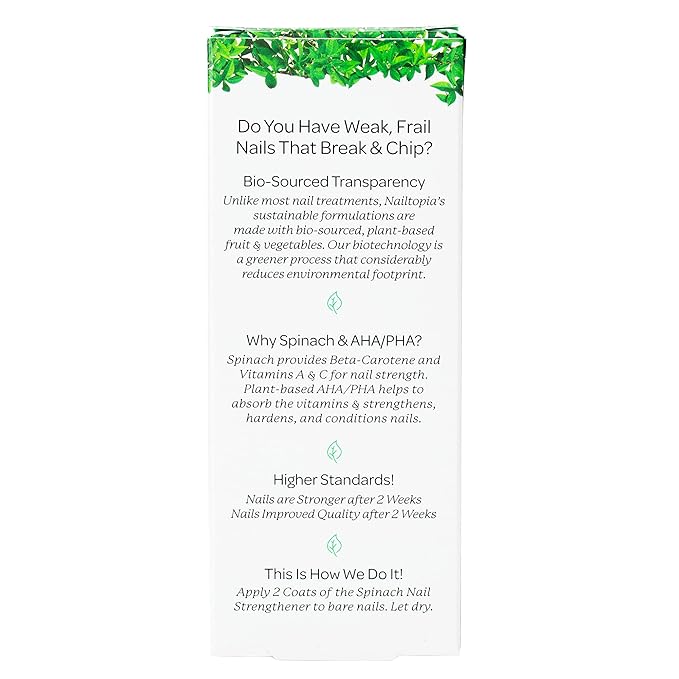 Nailtopia - Nail Strengthener - For Weak, Frail, Delicate Nails - Plant-Based, Non Toxic, Bio-Sourced, Nourishing & Hardening Superfood Treatment - Spinach Extract (Clear) - 0.41 oz