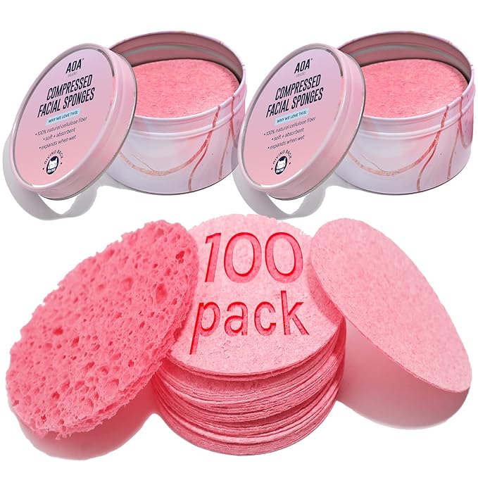 AOA Studio 100-Count Compressed Facial Sponges 100% Natural Cosmetic Spa Sponges for Facial Cleansing, Exfoliating Mask, Remove for Makeup, Dead Skin, and Dirt (100 counts, Pink)