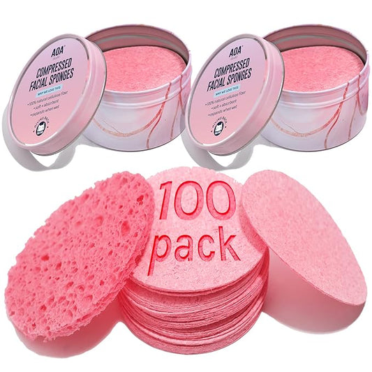 AOA Studio 100-Count Compressed Facial Sponges 100% Natural Cosmetic Spa Sponges for Facial Cleansing, Exfoliating Mask, Remove for Makeup, Dead Skin, and Dirt (100 counts, Pink)