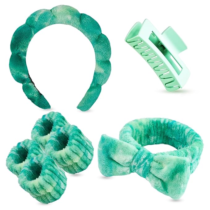 7 Pcs Spa Set, Facial Headband and Wristband Set, Skincare Accessories, College Style Girl Gift, Hair Accessories for Women and Girls（Tie Dye Green）