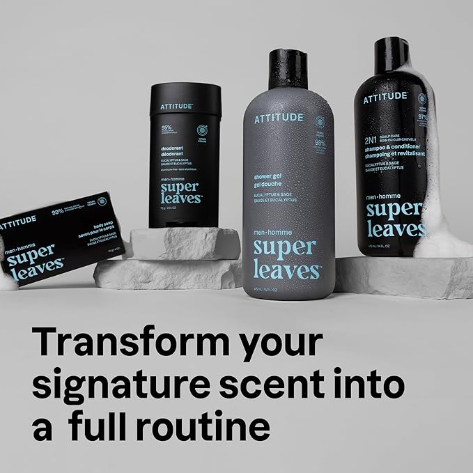 ATTITUDE Shower Gel Body Wash for Men, 98% Natural Origin Ingredients, Paraben & Phthalate Free, EWG Verified, Cleanses Without Drying, Eucalyptus & Sage, 14 Fl Oz (Pack of 3)