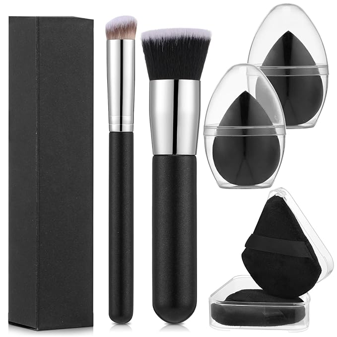 6Pcs Foundation Brush for Liquid Makeup,Liquid Foundation Brush with Makeup Sponge and Powder Puff for Foundation, Powder, Blush, and Concealer(Black)
