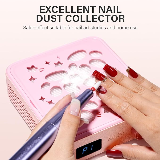 AILLSA Nail Dust Collector: Professional Powerful Suction Dust Collector Nail Tech Adjustable Speed with LED Display & Brush & Filter Paper for Acrylic Gel Nail Polish Manicure Salon & Home Use（Pink）